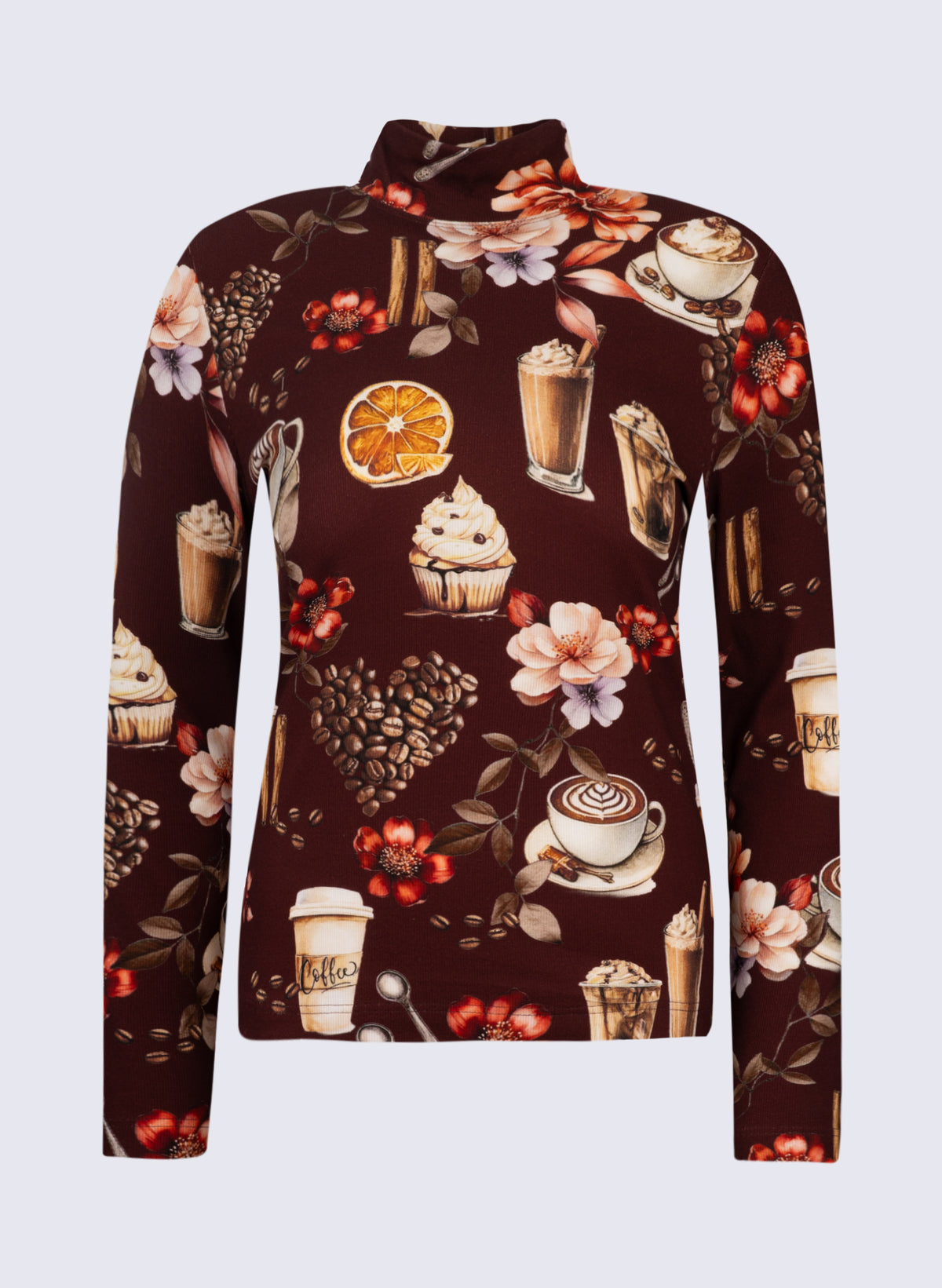 Damen Stehbund-Shirt mit Coffee-Print